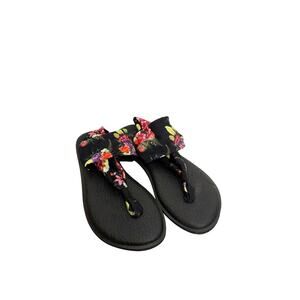 Sanuk Sandals Womens Size 7 Black Floral Sling Yoga Mat Flip Flops Slip Ons